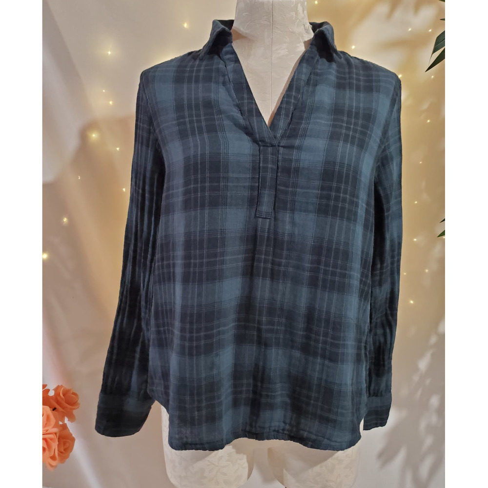 Pact Double Gauze 100% Organic Cotton Plaid Split Neck Popover Shirt Womens S